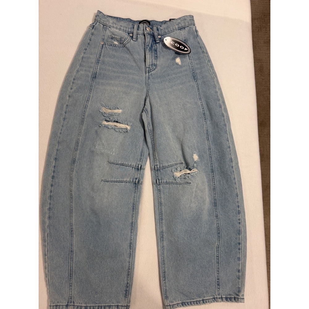 Scoop High Rise Baggy Barrel Ankle Jeans Light Wash Distressed Rigid Denim Sz 0